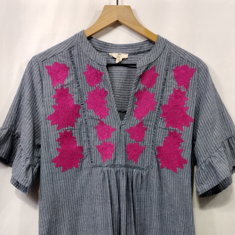 Entro Embroidered Floral Stripped Dress Women's M Blue Pink Boho Retro 90s Y2K - Picture 2 of 8
